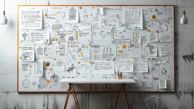 Whiteboard filled with notes summarizing key takeaways from a productive month. a whiteboard densely filled with handwritten notes, sketches, and charts, summarizing the key takeaways.