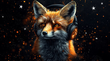 Fototapeta premium A portrait photograph of a fox with front face. wearing head phones.