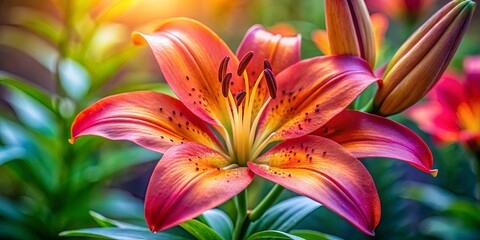 Fototapeta premium A vibrant lily blossom with delicate petals and a dusting of pollen, bathed in the warm glow of sunlight, showcasing the beauty of nature's vibrant hues.