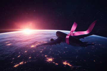An airplane adorned with a pink ribbon flies above the Earth as the sun rises, symbolizing hope and solidarity in the fight against breast cancer.