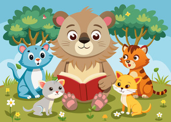 Naklejka premium A lion telling story reading a book to baby animals EDITABLE VECTOR ILLUSTRATION