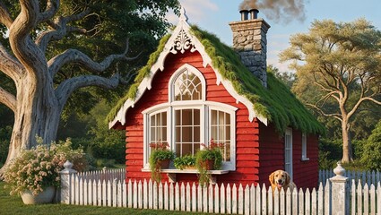Fototapeta premium rustic-style wooden cottage with a steeply pitched, slate-grey gable roof, lavishly adorned with vibrant, emerald-green moss that clings to the weathered, silvery-grey wooden shingles, and a stone c