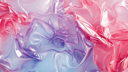 Abstract background of crumpled translucent plastic in pink, blue, and purple tones.