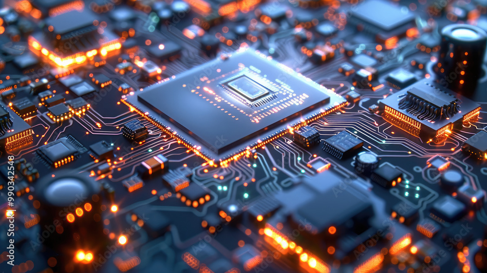 Poster a 3d molecular view of a smartphone chip, showing transistors at a nanoscale level. highlight intric