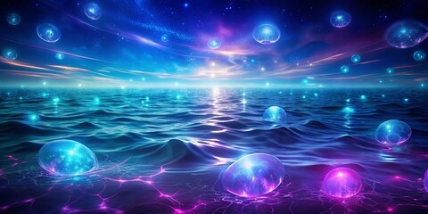 Obraz premium A cosmic sea of luminous spheres beneath a star-studded sky, with vibrant energy flowing across the surface.