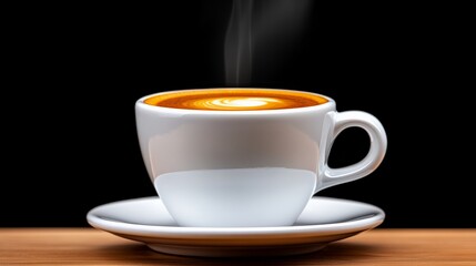 Obraz premium Steaming Espresso: A freshly brewed espresso, its rich crema topped with a swirl of velvety foam, releases wisps of steam in a captivating display of warmth and energy. The cup rests on a rustic woode