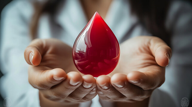 woman in a white coat holds a 3D red blood droplet, symbolizing healthcare, medical donation, and the significance of blood in life-saving treatments. Ideal for promoting health awareness