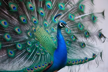 Fototapeta premium Vibrant peacock with spread tail feathers, intricate patterns, vivid colors, white background