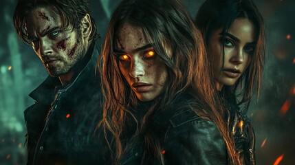 Three heroes confront darkness in a mysterious forest at twilight