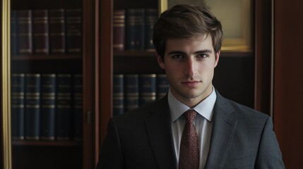 Portrait of a confident young businessman in a suit, standing in front of bookshelves in an elegant office environment.