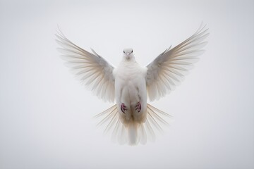 Obraz premium White dove with spread wings, gradient feathers, serene flight against white background