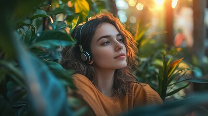 Young woman enjoying music in a lush green garden during golden hour