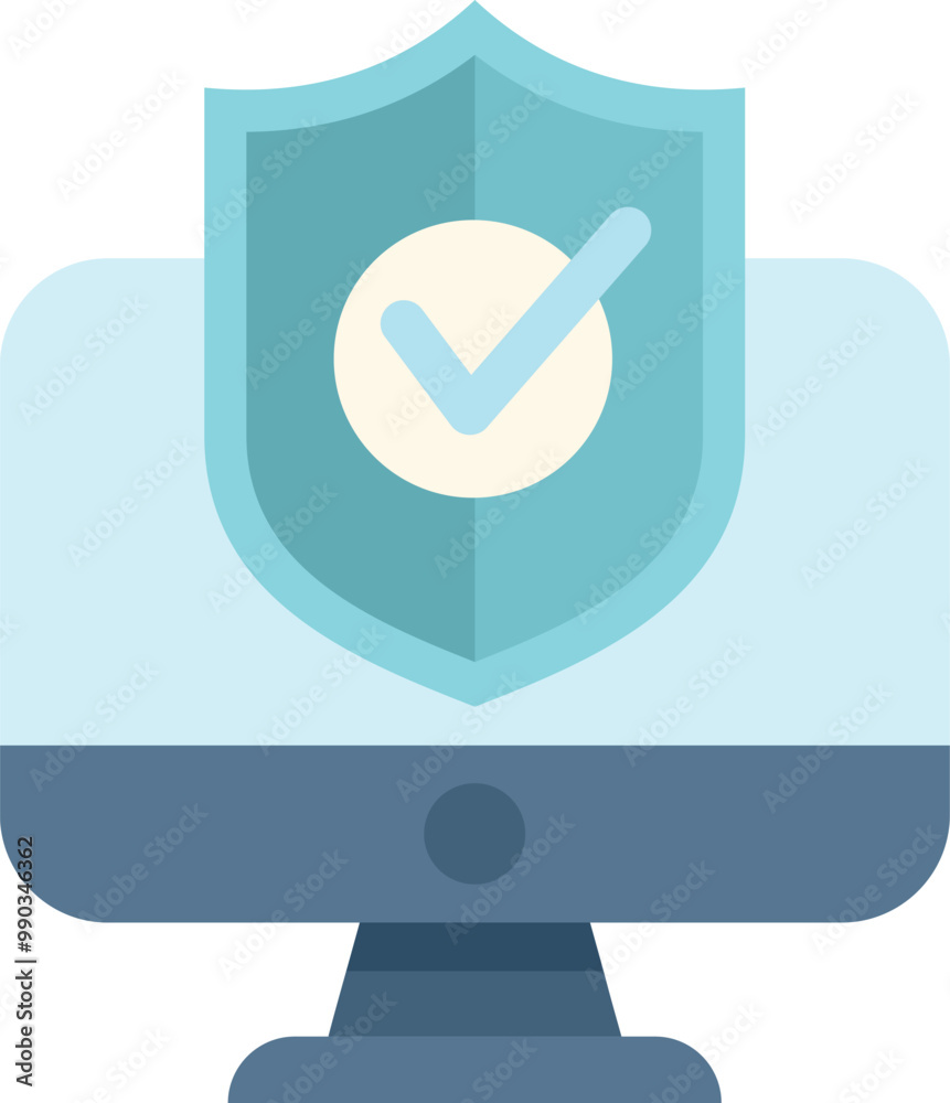 Poster blue shield with a checkmark is displayed on a computer monitor, representing a secure and protected