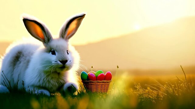 White easter bunny hopping towards colorful eggs