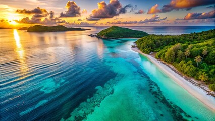 Obraz premium Aerial View of a Lush Tropical Island at Sunrise with a Pristine Beach and Crystal Clear Water