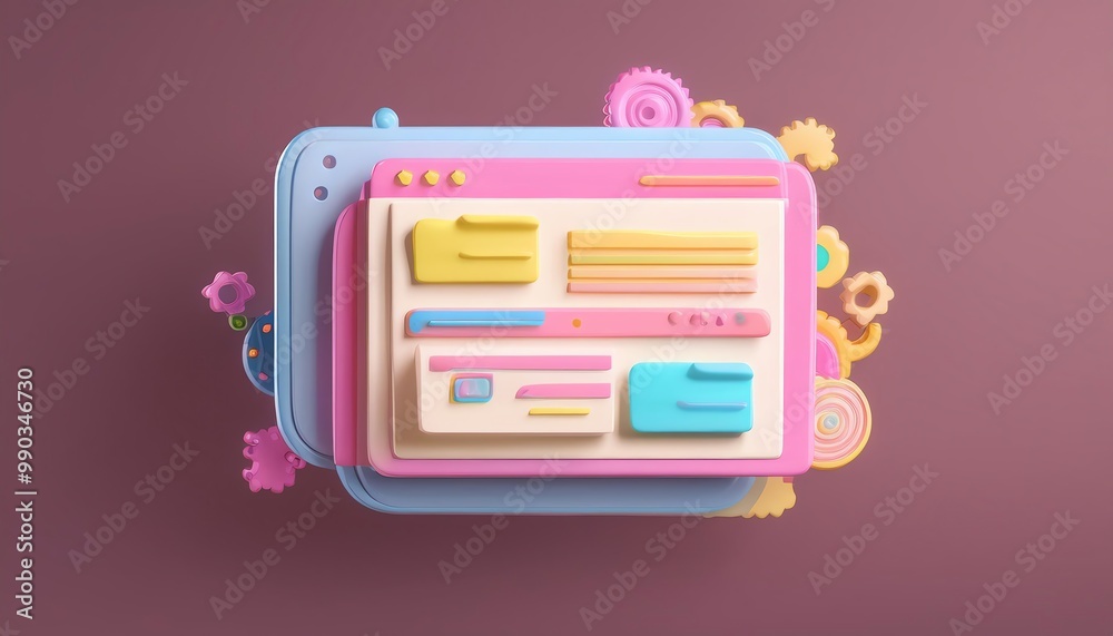 Poster a colorful 3d representation of a web browser interface, featuring playful buttons and decorative el