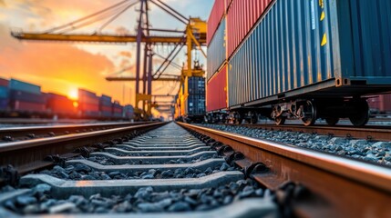 Obraz premium Precision in Motion: Detailed Close-Up of Modern Container Rail System in Busy Port