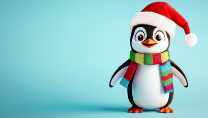 Fototapeta premium A cheerful penguin wearing a Santa hat and a colorful scarf, set against a light blue background, perfect for holiday themes.
