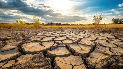 Fototapeta premium The cracked dry lakebed shows the harsh effects of prolonged drought on the environment