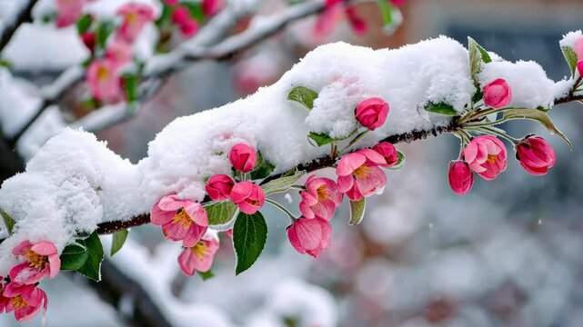 Pink blossoms covered in freshly fallen snow, creating a striking contrast between winter and spring in a serene, natural scene.

