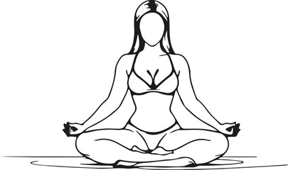Woman Lotus Yoga Pose Line Art Drawing. Female Yoga Relax Sketch Linear Drawing. Abstract Minimal Female Meditation Silhouette Vector Illustration. Lotus Pose Trendy Contour Drawing