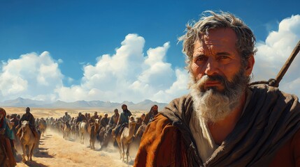 Abraham, listening to God's order, leaves the land of Ur and travels through the desert to Canaan. Abraham's caravan.