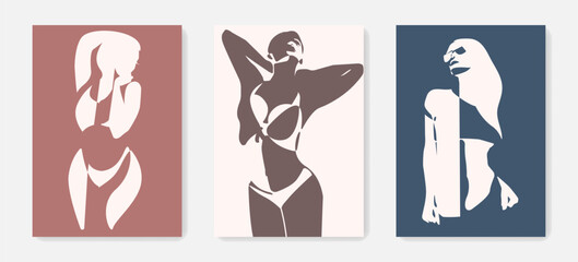 Woman Silhouette Wall Art Prints Set. Vector Minimal Female Figure Art Design. Elegant Female Portrait Abstract Silhouette. Woman Poster Illustration. Trendy Art Drawing for Fashion Wall Design
