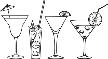 Cocktail Wine Glass Set Black Sketch Isolated on White Background. Drink Concept Line Art Drawing. Minimal Hand Draw Illustration for Cafe, Party, Holiday, Invitation. Vector EPS 10
