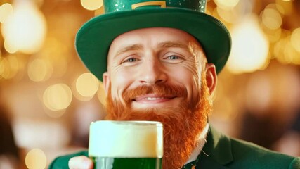 A cheerful man dressed in a green hat and outfit, holding a pint of green beer, celebrating St. Patrick's Day with joy and festivity.

