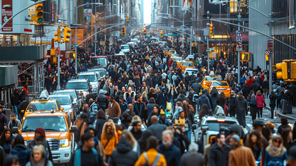 Crowds of busy people walking through the intersection of 5th Avenue and 23rd Street in Manhattan, New York City