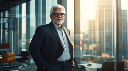 A confident senior businessman in a modern office environment, with employees working in the background and large windows providing natural light.
