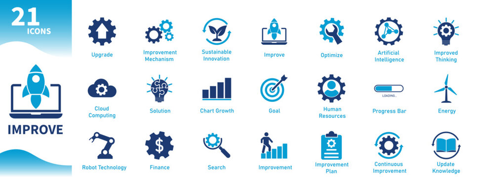 Improve icon. Solid vector icon collection for innovation, setting, gear, development, solution, update.