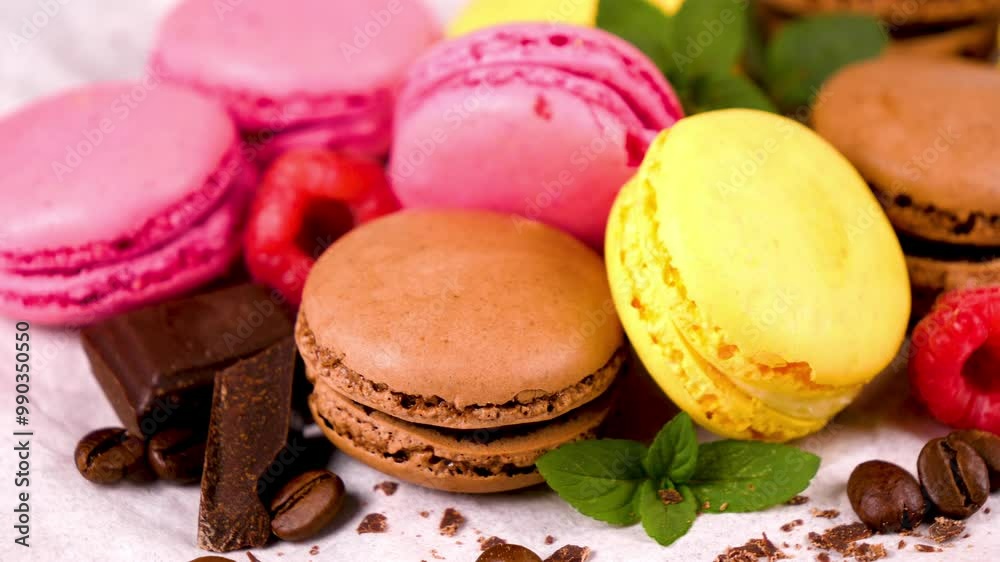 Canvas Prints Top view of colorful macarons in assorted flavors on a wooden background – vibrant French cookies with a crispy shell and soft filling. Ideal for desserts or party treats