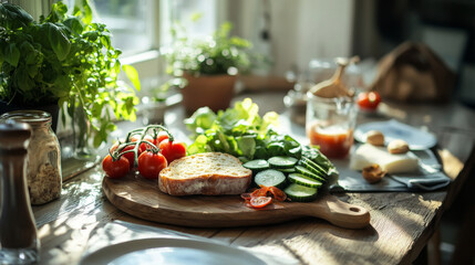A rustic kitchen scene featuring fresh tomatoes, herbs, olive oil, and bread slices, perfect for preparing a Mediterranean-style meal.
