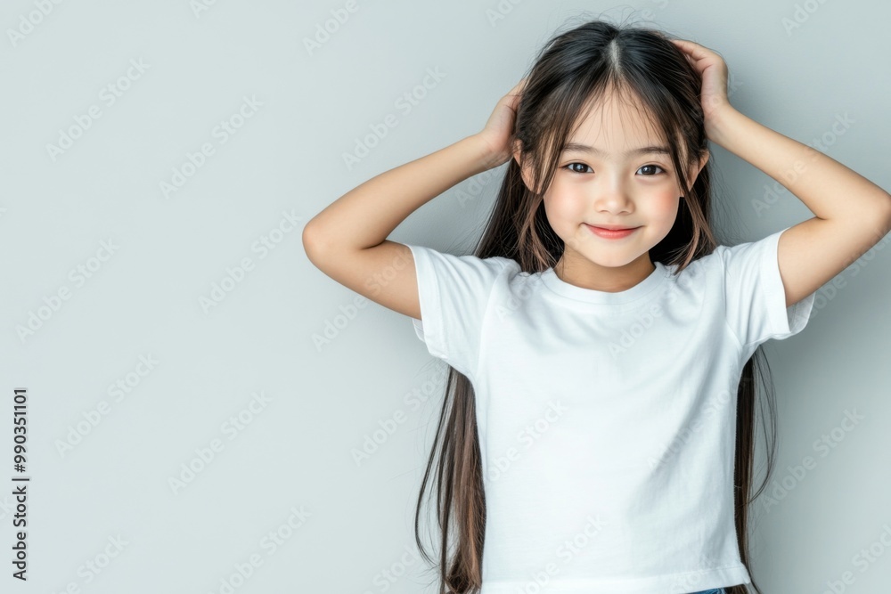 Wall mural cute asian girl child in white t-shirt mockup smiling against light studio background