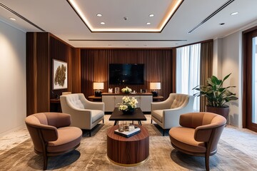 Stylish Executive Suite with Plush Seating, Wooden Elements, and Strategic Lighting for a Warm Luxury Office Experience
