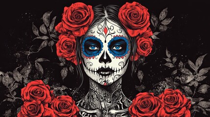 Vivid Day of the Dead sugar skull art with roses against a dark background