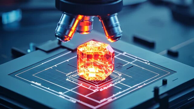 A close-up of a microscope examining a glowing crystal on a modern circuit board