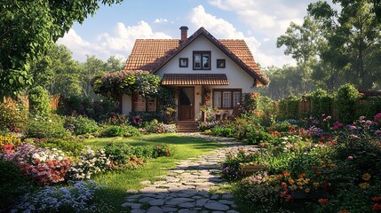Obraz premium Charming Cottage with Thatched Roof and Lush Garden