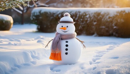 Fototapeta premium A cute snowman with a carrot nose, wearing a colorful hat and scarf, stands proudly in a snowy garden, surrounded by cheerful children playing and enjoying the winter wonderland