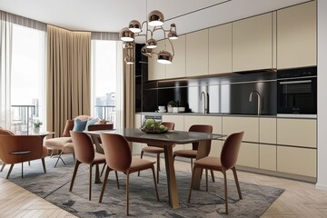 Fototapeta premium Stylish Apartment Mock-Up Featuring an Inviting Modern Dining Area and Elegant Kitchen Design