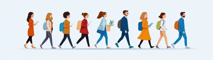 A diverse group of people walking together, showcasing friendship and collaboration in a vibrant, modern illustration.