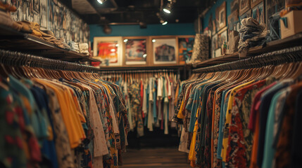 Fototapeta premium thrift store interior, exclusive second hand clothing store, curated vintage clothes store