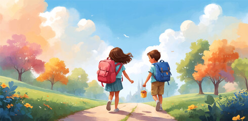 Cute children going to school together. Little different kids are happy to be back to school. Flat vector illustration colorful background