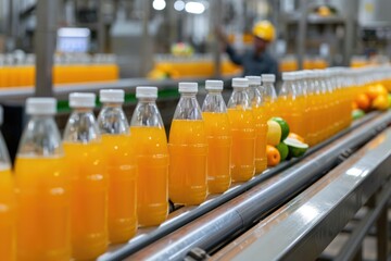 Food And Beverage: Industrial Factory Production Line of Fruit Juice Drinks at Conveyor Belt