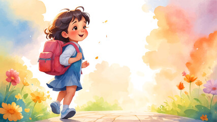 Cute children going to school together. Little different kids are happy to be back to school. Flat vector illustration colorful background