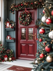 A shelf is placed on one side of the door, decorated with Christmas wreaths, and a Christmas tree is placed on the other side, creating a strong Christmas atmosphere.