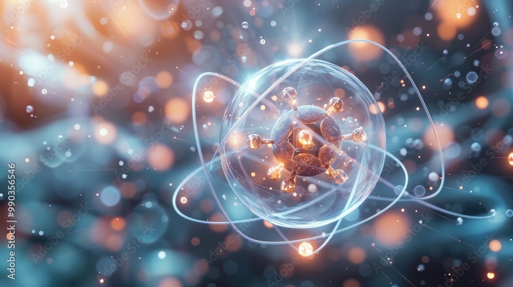 Leinwandbilder Visualization of atomic structure with electrons orbiting a nucleus, representing fundamental concepts in quantum mechanics.