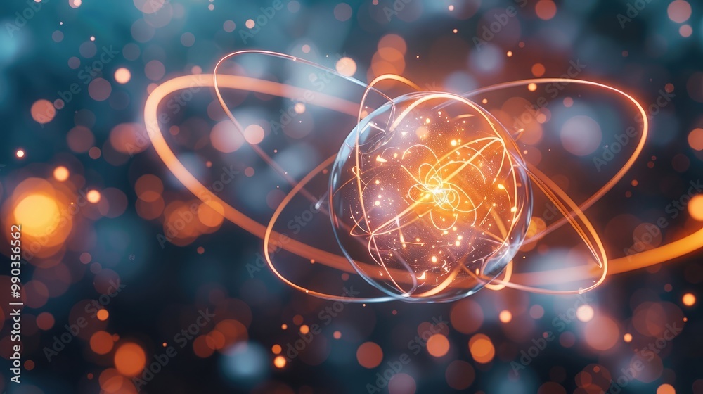 Leinwandbilder Visualization of atomic structure with electrons orbiting a nucleus, representing fundamental concepts in quantum mechanics.
