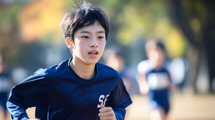 Candid Portrait of a Young Japanese Student Running